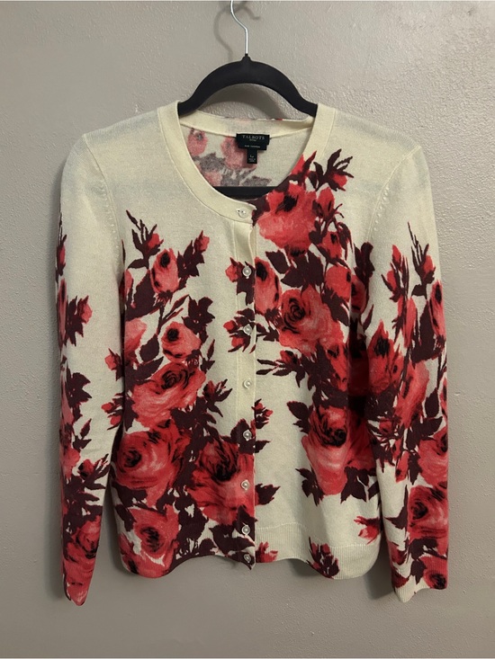 Talbots Sweaters - Talbots cashmere Red Floral  Cream Cardigan